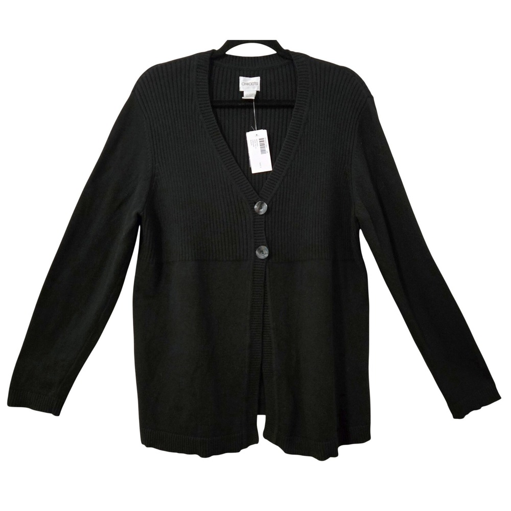 Chico's Classic Chic Joslyn Black Ribbed Knit V-Neck Button Front Cardigan Sz‎ 3